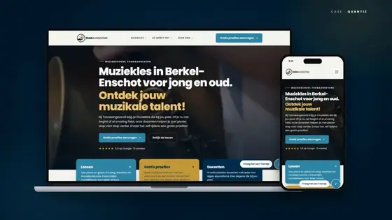 Website van muziekschool Toonaangevend op laptop en telefoon